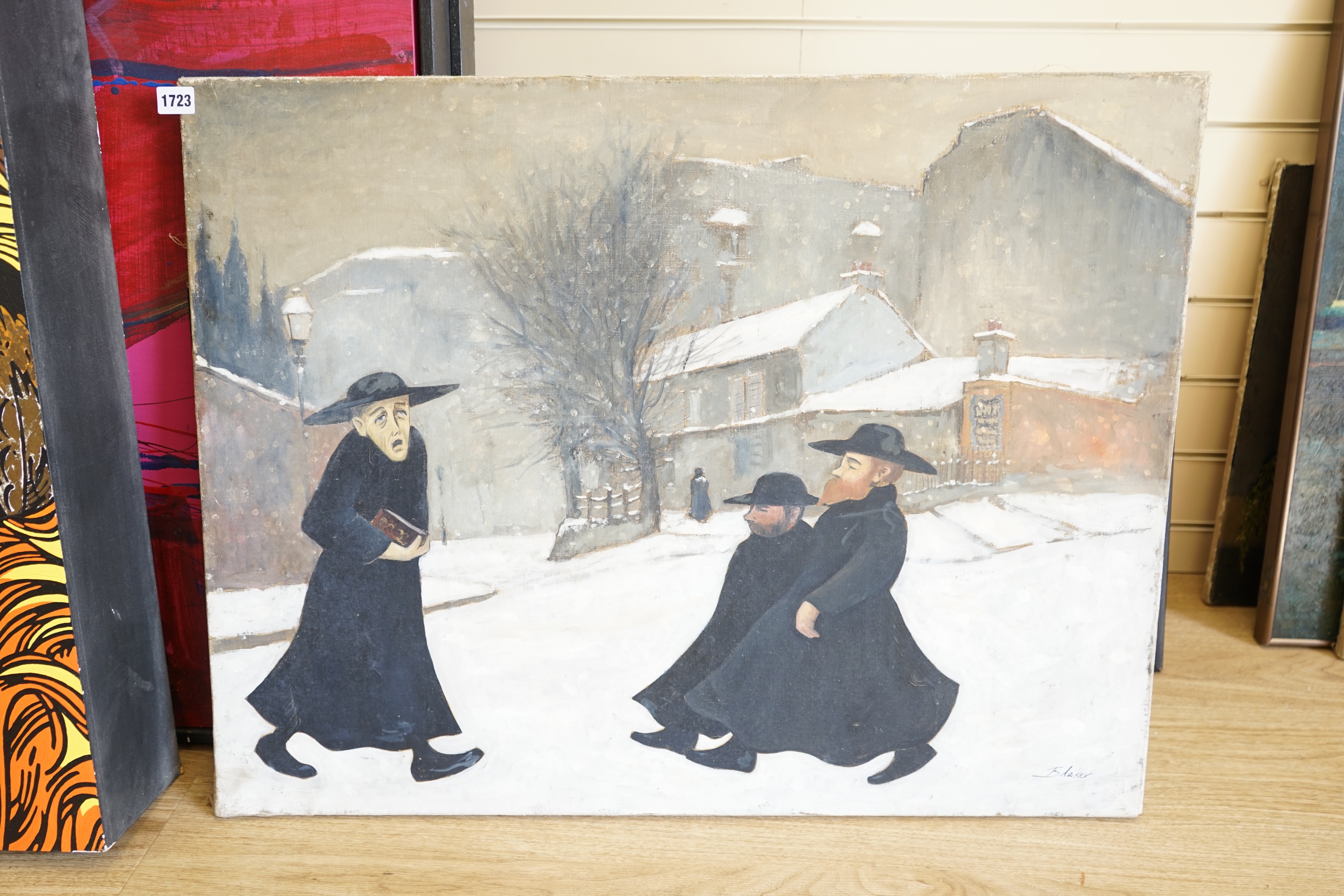 Michael John Blaker (1928-2018), two oils on canvas, Winter street scene with three figures and Study of a dog, each signed, largest 66 x 87cm, unframed. Condition - fair